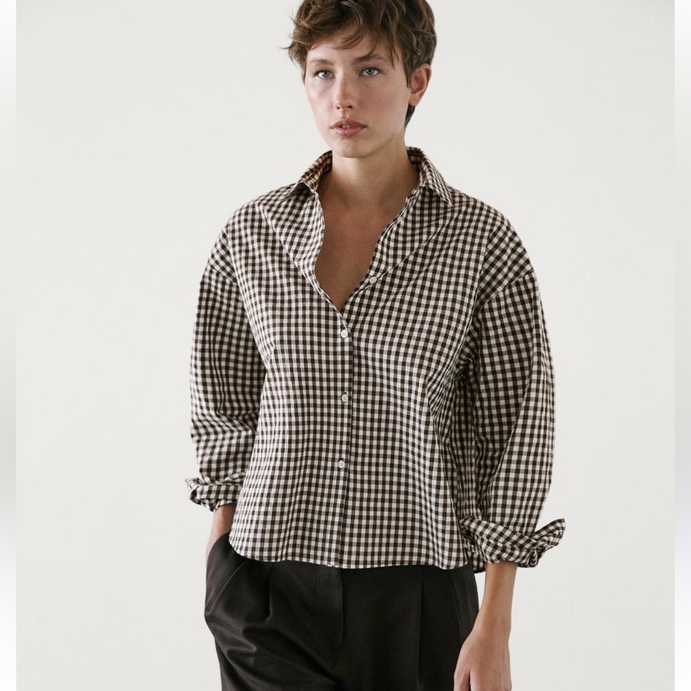 Massimo Dutti Brown White Checkered Shirt COTTON BLEND GINGHAM button down xs